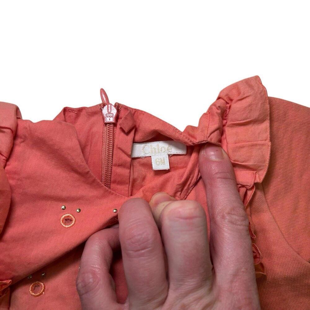 Chloé Baby Girl Coral Pink Cotton Ruffle Dress Embroidered Sz 6 Months NWOT - Picture 4 of 7